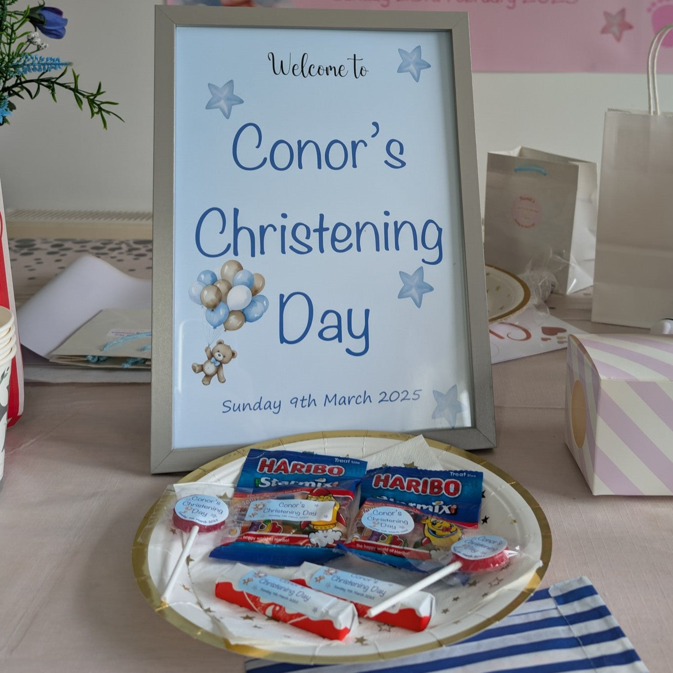 Blue Balloons & Stars Rectangular Christening Stickers