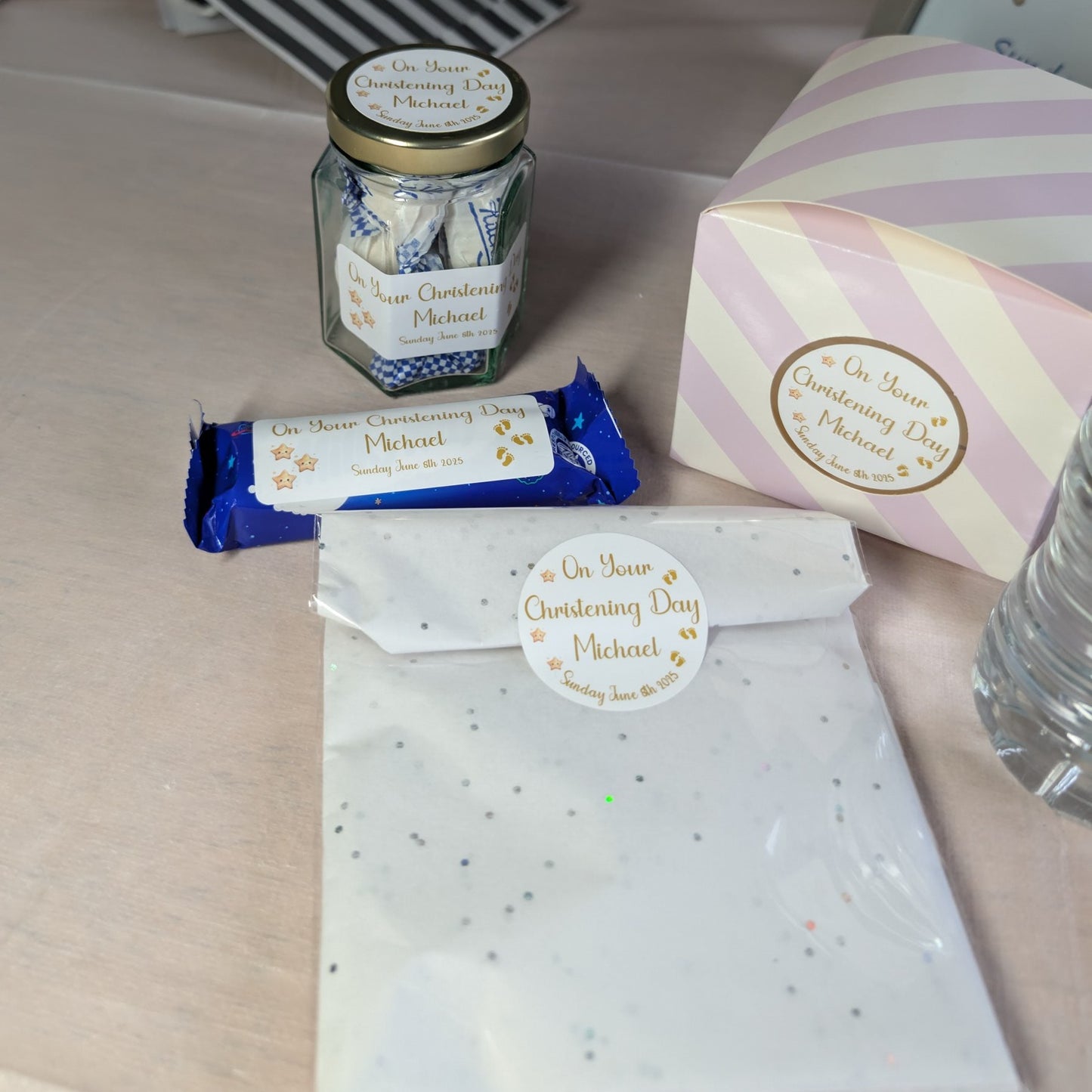 Golden Stars Rectangular Christening Stickers