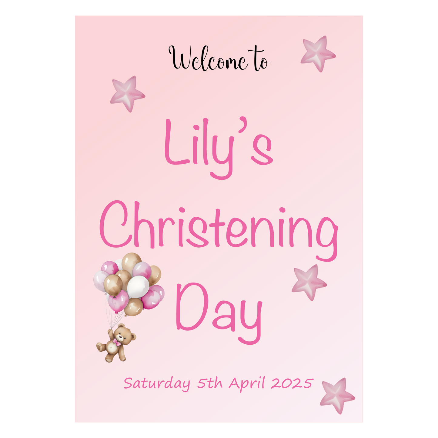 Pink Balloons & Stars Christening Poster