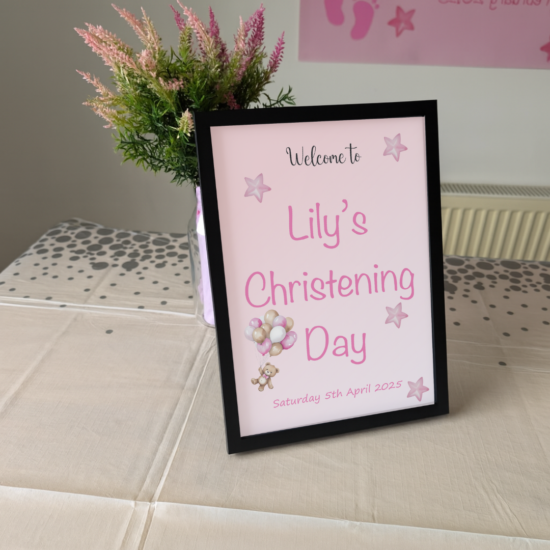 Pink Balloons & Stars Christening Poster