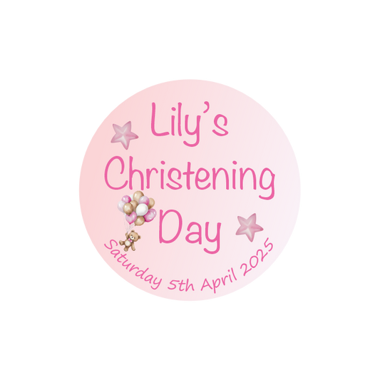 Pink Balloons & Stars Christening Stickers