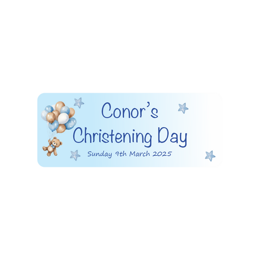 Blue Balloons & Stars Rectangular Christening Stickers