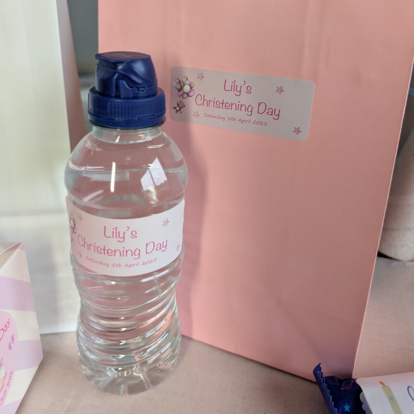 Pink Balloons & Stars Rectangular Christening Stickers