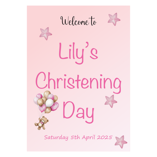 Pink Balloons & Stars Christening Poster