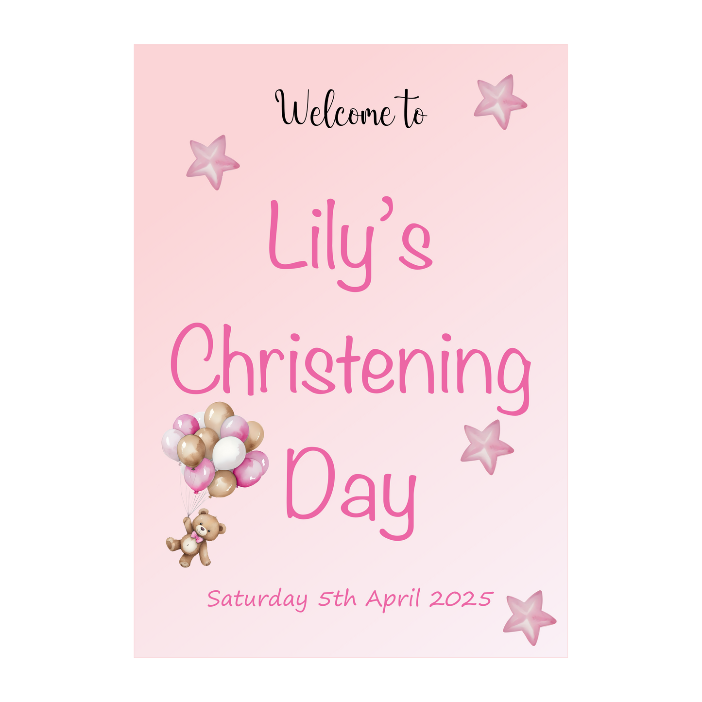 Pink Balloons & Stars Christening Poster