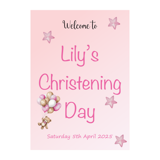 Pink Balloons & Stars Christening Poster